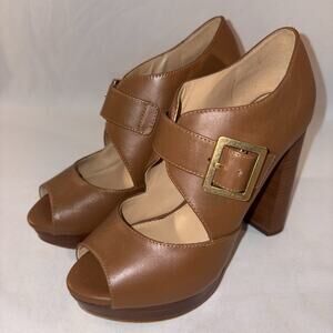 Michael Kors Eleni Block Heels Platform Peep Toe Brown Leather Women’s Size 6M